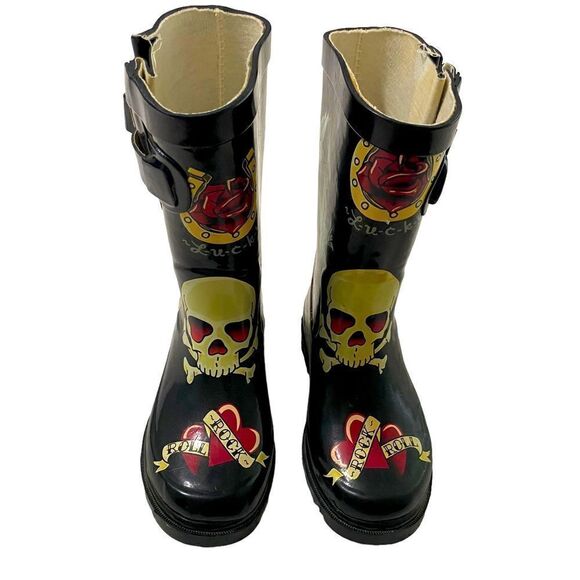 Skull Rain Boots Rock & Roll Roses Lucky  Boots Chooka Black Unisex Kids Size 10 - Picture 1 of 7